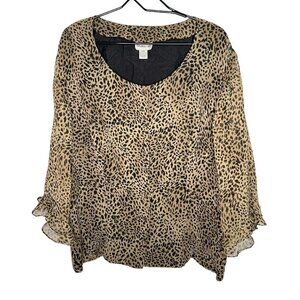 Amanda Lane 100% Silk Top Blouse Womens Sz 26 Cheetah Leopard Print Ruffles